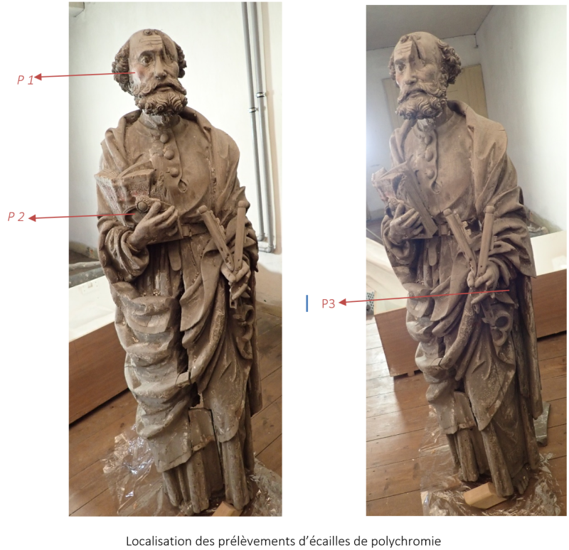 Atelier Giordani - Conservation - Restauration
Edifice – Mobilier - Sculpture – Objets d’art – Moulage –
Pierre, bois métal, polychromie et dorure - Étude préalable à la restauration du Saint Pierre - Bois polychrome - OPÉRATIONS RÉALISÉES : 

- Dépoussiérage 
- Constat d’état 
- Étude stratigraphique comprenant prélèvement d’écailles pour analyse en laboratoire 
- Proposition de traitement de conservation-restauration