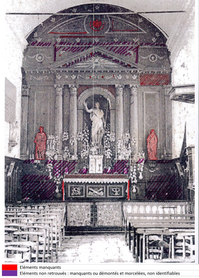 Atelier Giordani - Conservation - Restauration
Edifice – Mobilier - Sculpture – Objets d’art – Moulage –
Pierre, bois métal, polychromie et dorure - Étude préalable, maitre-autel, retable majeur déposé -  - OPÉRATIONS RÉALISÉES : 

- Cartographie 
- Inventaire 
- Constat d’état 
- Protocole de traitement 
- Chiffrage