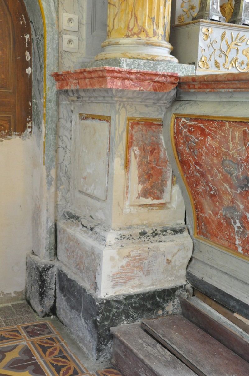 Atelier Giordani - Conservation - Restauration
Edifice – Mobilier - Sculpture – Objets d’art – Moulage –
Pierre, bois métal, polychromie et dorure - Retable majeur et maître-autel en pierre et faux marbre - Pierre calcaire et staff, faux marbre et faux bois - - Dépoussiérage, Nettoyage
- Refixage de la polychromie
- Consolidations chimiques ponctuelles
- Ragréages et comblements
- Masticage des lacunes
- Réintégration colorée et restitution des faux marbres et faux bois
- Réintégration de dorure à l'or mica