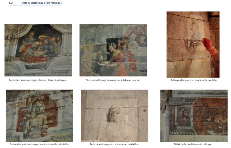 Atelier Giordani - Conservation - Restauration
Edifice – Mobilier - Sculpture – Objets d’art – Moulage –
Pierre, bois métal, polychromie et dorure - Étude préalable à la restauration du retable de la chapelle. 
Mise au jour d’un décor d’époque sous-jacent - Bois polychromé - OPÉRATIONS RÉALISÉES : 

- Sondage, étude, analyse de stratigraphies sur éléments sculptés, enduits, couches picturales murales
- Micro prélèvement
- Analyse et corrélation des résultats
- Ébauche de chronologie générale