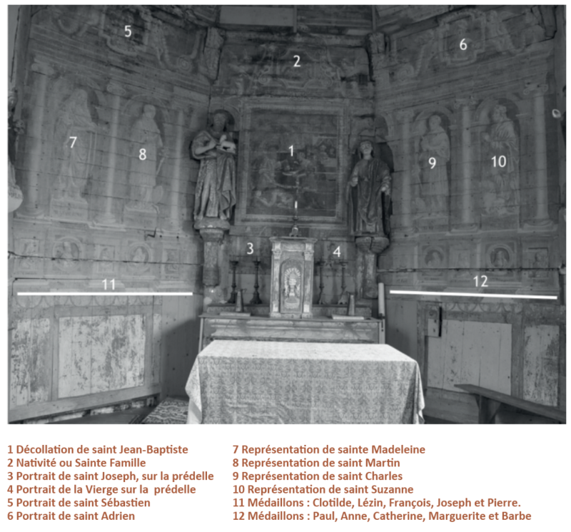 Atelier Giordani - Conservation - Restauration
Edifice – Mobilier - Sculpture – Objets d’art – Moulage –
Pierre, bois métal, polychromie et dorure - Étude préalable à la restauration du retable de la chapelle. 
Mise au jour d’un décor d’époque sous-jacent - Bois polychromé - OPÉRATIONS RÉALISÉES : 

- Sondage, étude, analyse de stratigraphies sur éléments sculptés, enduits, couches picturales murales
- Micro prélèvement
- Analyse et corrélation des résultats
- Ébauche de chronologie générale