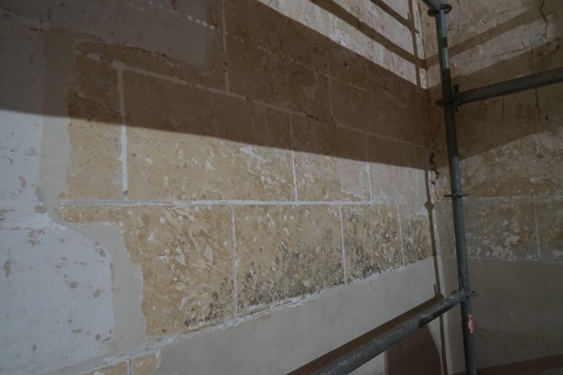 Atelier Giordani - Conservation - Restauration
Edifice – Mobilier - Sculpture – Objets d’art – Moulage –
Pierre, bois métal, polychromie et dorure - Restauration de la voûte et des décors peints -  - Lot 5 : Restauration/conservation d’éléments architecturaux, de décors polychromes, de sculpture

OPÉRATIONS RÉALISÉES
Tranche conditionnelle 2

Voûte de la nef :
-	Dépoussiérage 
-	Mise en teinte des greffes et des parties neuves et reprise du décor de fleur de lys par glacis acrylique 
-	Dépoussiérage de la poutre de gloire par technique croisée de brossage et d’aspiration

Élévation de la nef :
-	Dégagement des enduits pour mettre au jour les décors anciens conservés
-	Encapsulage des zones de peinture au plomb non dégagées
-	Consolidation des zones soufflées par infiltration de mortier et comblement des fissures des lacunes
-	Consolidation des zones pulvérulentes.
-	Sur les zones non dégagées : application d’une couche de fond à la chaux et animation et glacis acrylique et harmonisation des bouchages anciens
- Sur les zones de décors ancien : retouches colorées pour améliorer la lisibilité