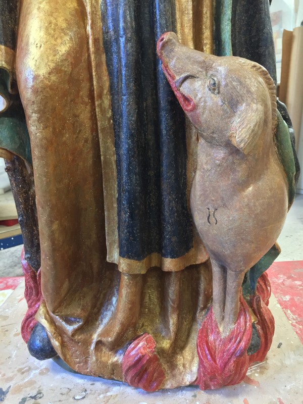 Atelier Giordani - Conservation - Restauration
Edifice – Mobilier - Sculpture – Objets d’art – Moulage –
Pierre, bois métal, polychromie et dorure - Restauration et dégagement de deux statues de Saint Antoine en bois et pierre - bois et pierre polychrome - Concernant les deux statues :
- Sondages stratigraphiques
- Dépoussiérage des statues et refixage de la polychromie en concomitance
- Dégagement du surpeint XIXème
- Comblement des manques et lacunes
- Réintégration colorées des lacunes

Statue bois : 
- Traitement infestation xylophage et consolidation du matériau